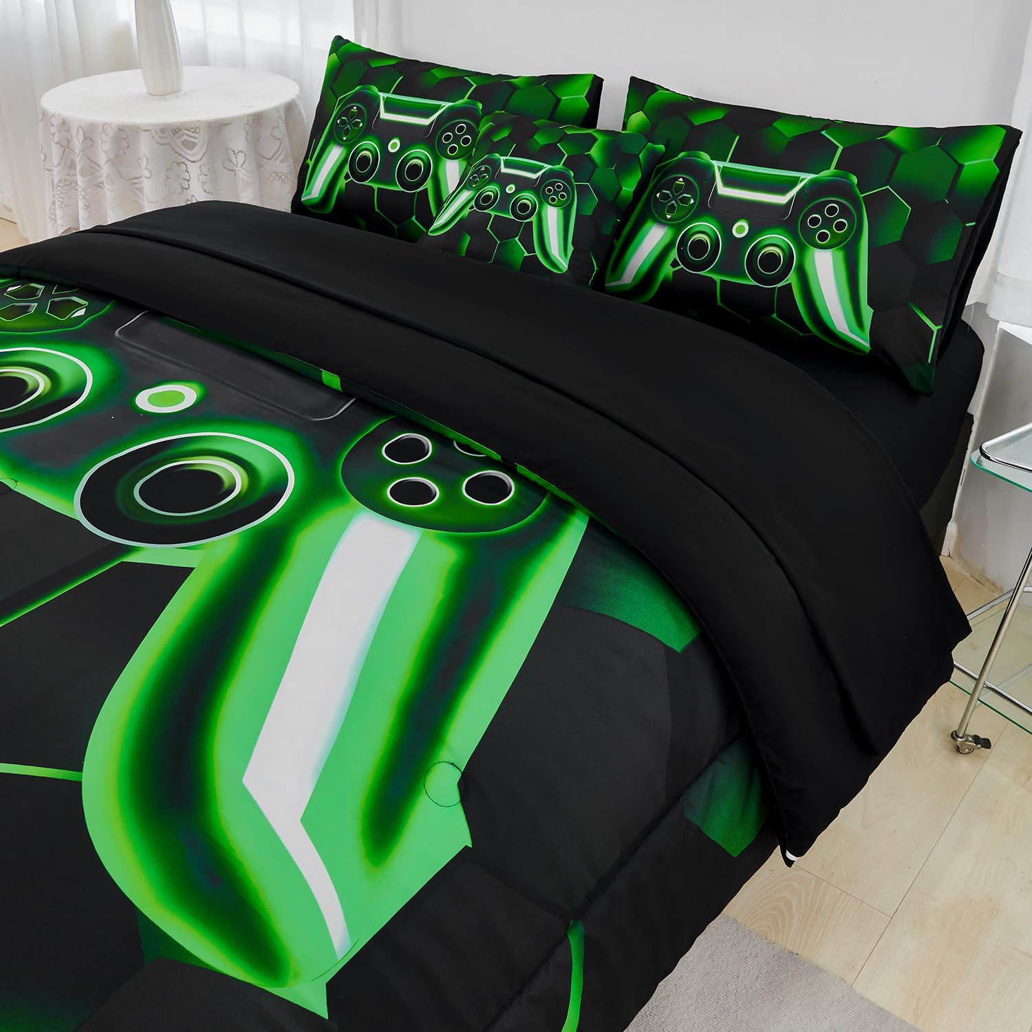 URBONUR Gaming Comforter Set Queen Size 6Pcs Teen Boy Video Game Queen Bed in a Bag Comforter Sets with Sheets, Soft Lightweight Microfiber Bedding Kids Blanket (Black Green, Queen)