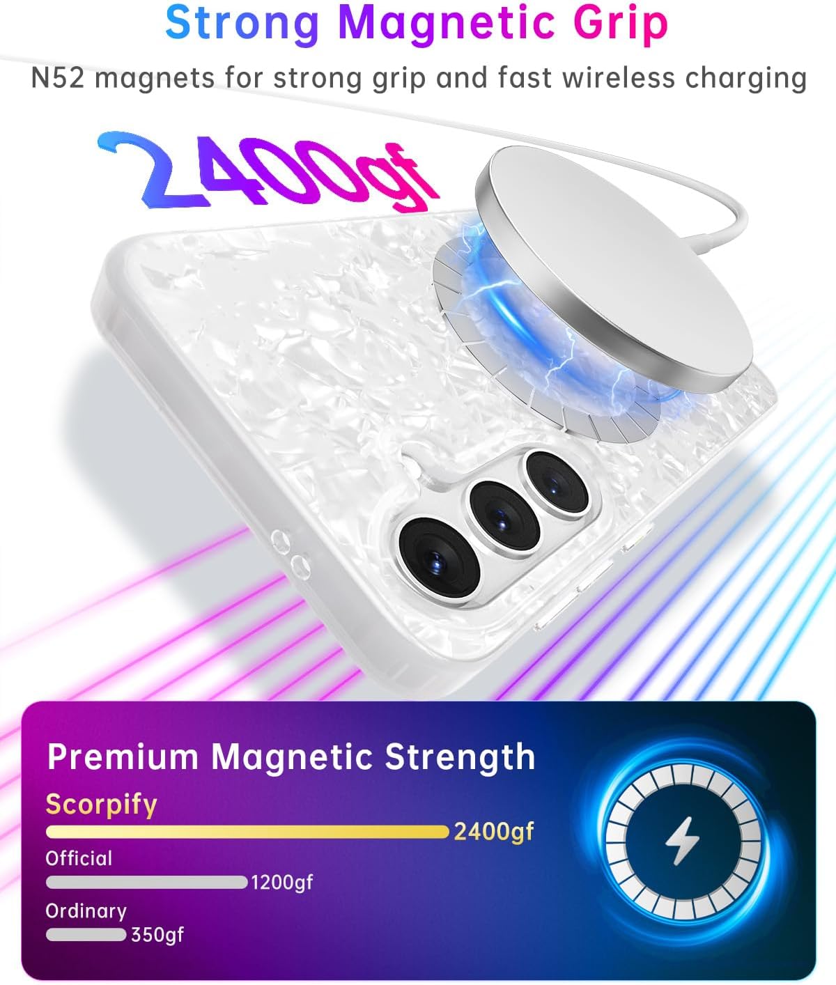 SCORPIFY Compatible with Samsung Galaxy S26 Plus Case [Compatible with MagSafe] with White Pearl Design, Cute Clear Magnetic Phone Cover Bumper for Women Girls and Men with Mother of Pearl Shell
