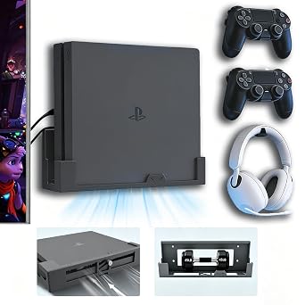 GETYEA Wall Mount for PS4 Slim with Detachable 2 Controller Holder & Headphone Hanger, Space Saving,Mount on Near or Behind Your TVOnly for PlayStation 4 Slim