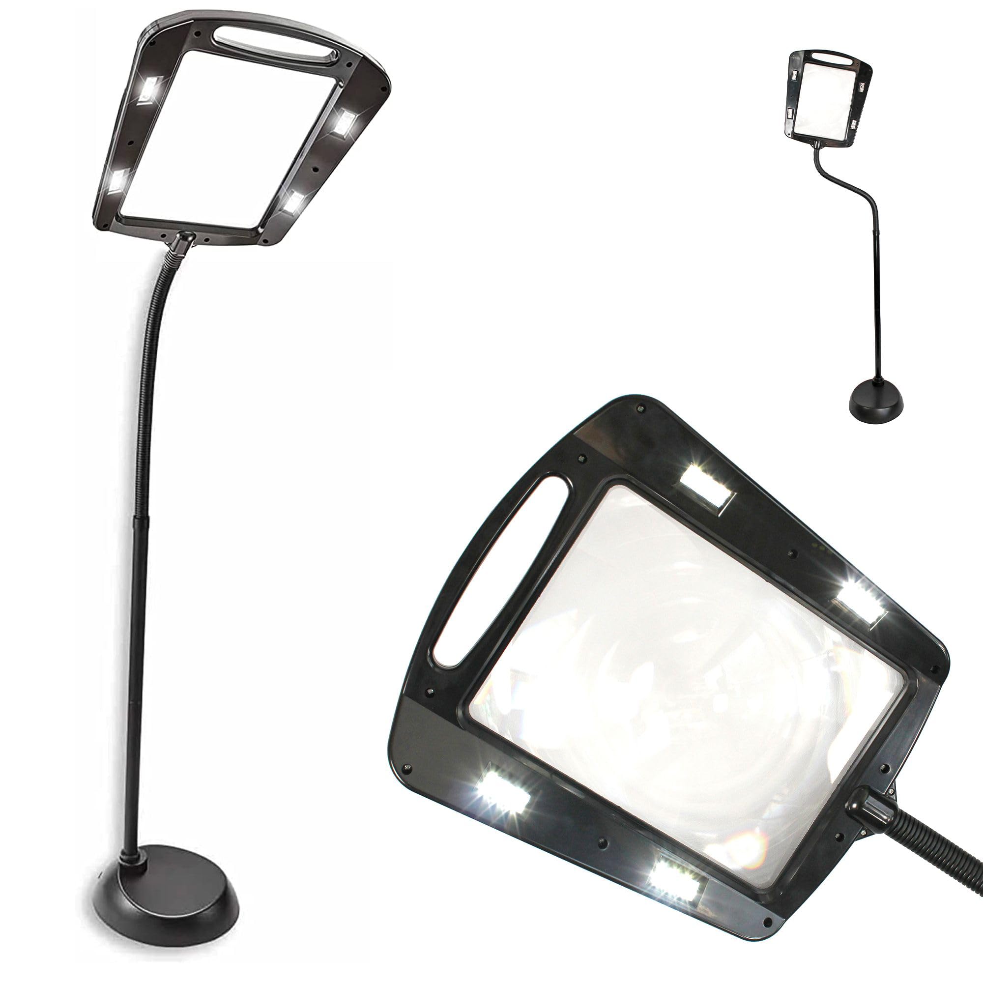 FISHTEC - Maxi-Lupe mit Leistungsstarkem Zoom: x5 Vergrößerung - Großer Rahmen/Bildschirm: 22,5 x 18 cm - Beleuchtung 12 LEDs: 50 Lumen (6500K) - Flexibler Fuß - Unterstützung 160 cm Höhe - Schwarz