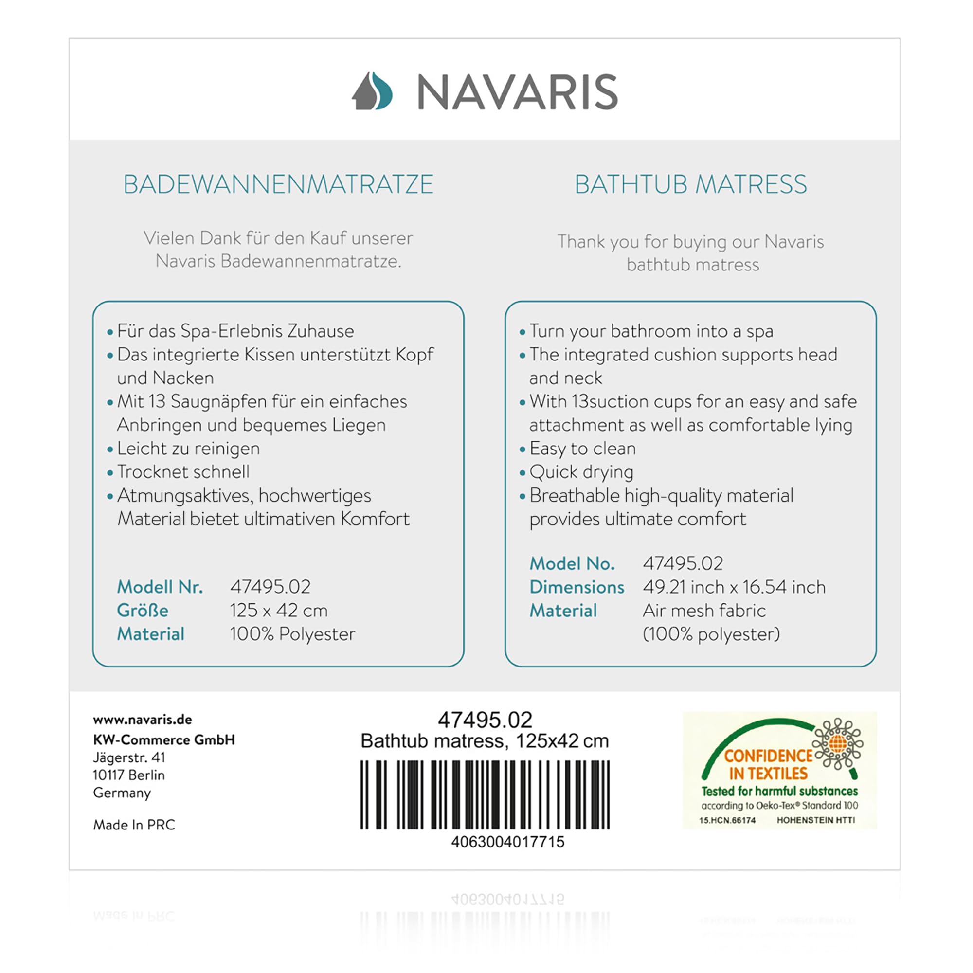 Navaris Alfombra bañera para Todo el Cuerpo Antideslizante - Alfombrilla ergonómica Acolchada con reposacabezas y ventosas - 125 x 42 CM
