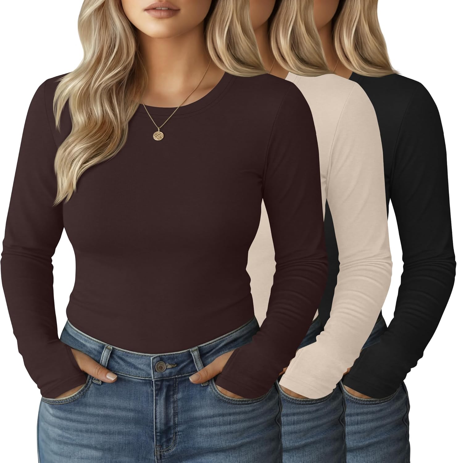 3 Pack Women's Plus Size Long Sleeve Shirts Crew Neck Slim Fitted Tops Casual Basic T-shirts with Thumb Holes