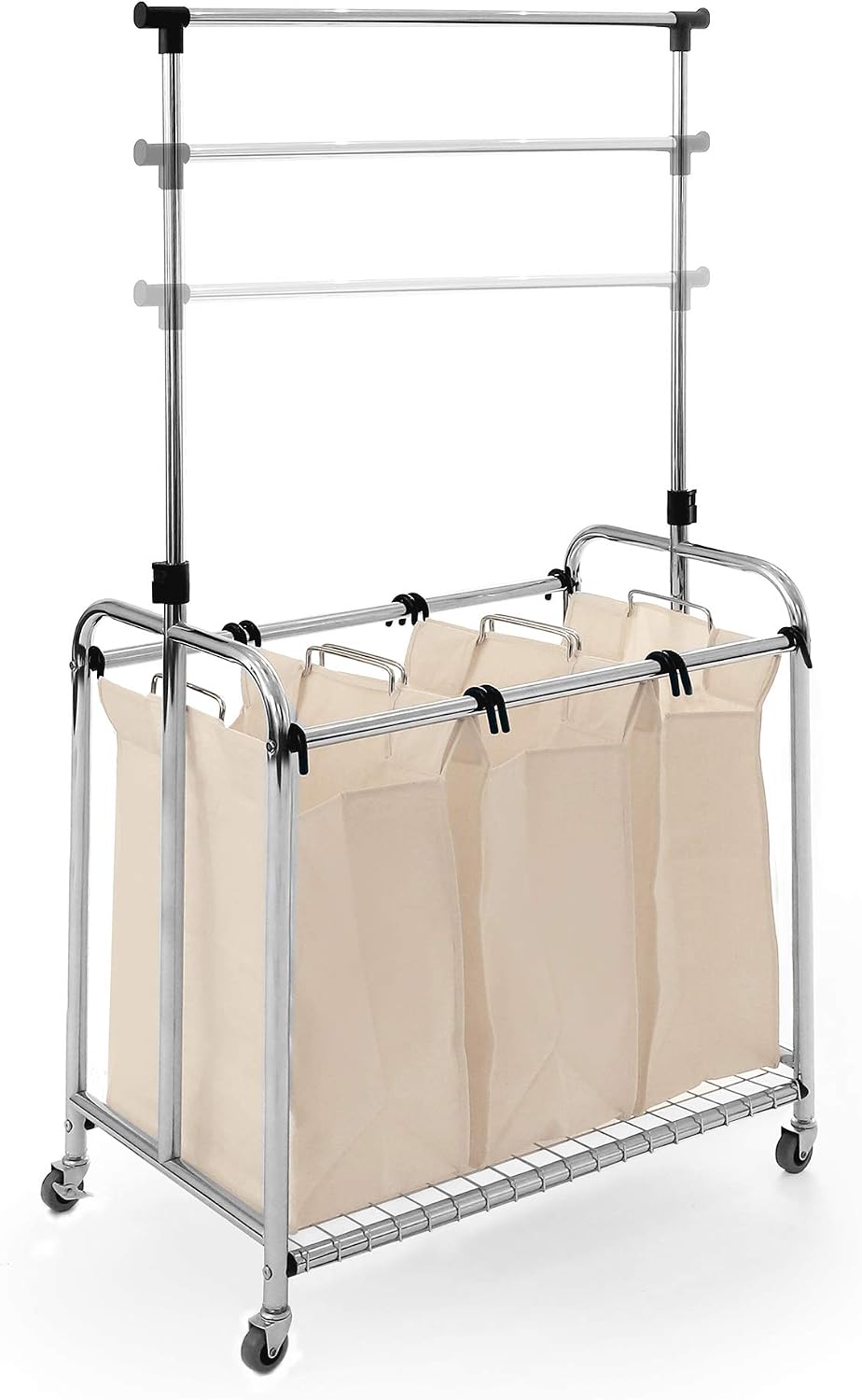 Seville Classics Laundry Hamper Sorter Cart Mobile Premium 3-Bag with Clothes Rack, Chrome