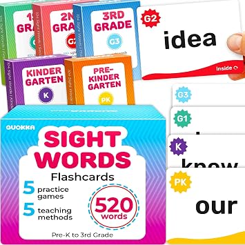 QUOKKA 520 Sight Words Flash Cards for Kids Adults Based on Dolch & Fry High Frequency Word Lists Pre-K to 3rd Grade 5 Levels Color-Coded Bold Font Large Size