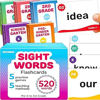 QUOKKA 520 Sight Words Flash Cards for Kids Adults – Based on Dolch & Fry High Frequency Word Lists – Pre-K to 3rd Grade – 5 Levels Color-Coded Bold Font Large Size