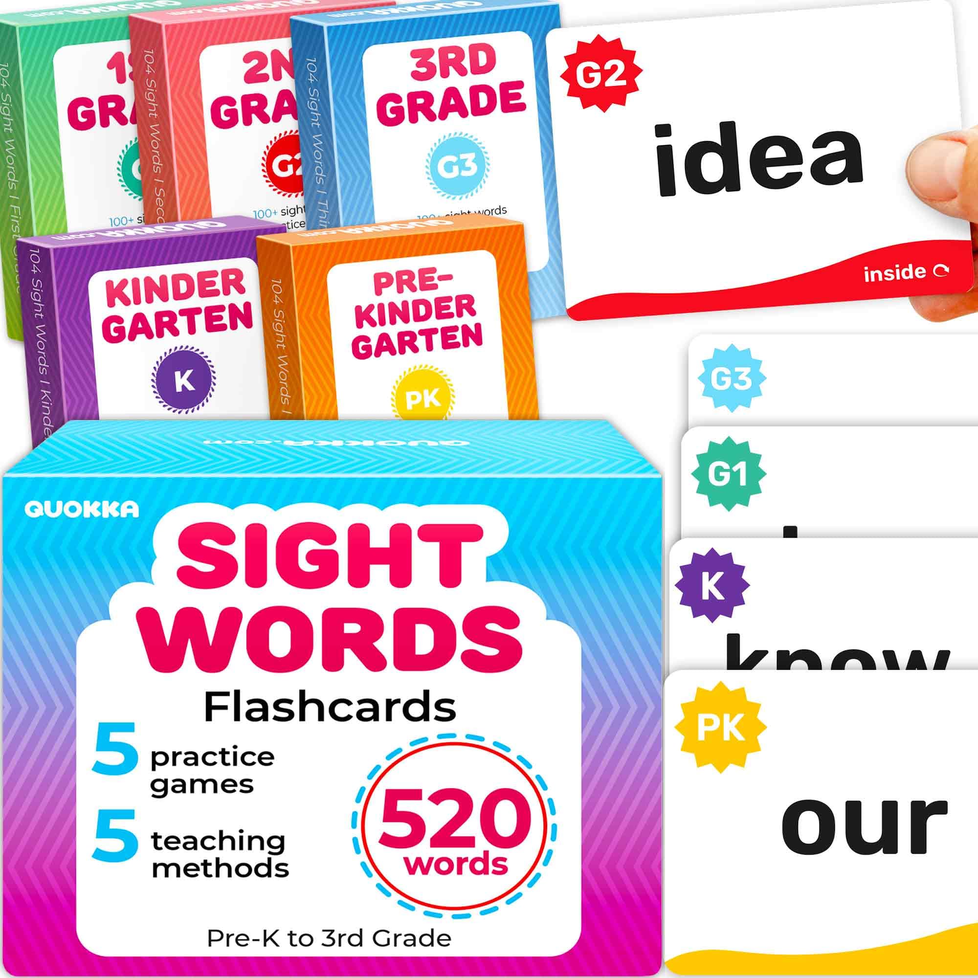 QUOKKA 520 Sight Words Flash Cards for Kids Adults - Based on Dolch & Fry High Frequency Word Lists - Pre-K, Kindergarten -1st Grade-2nd Grade to 3rd Grade | 5 Levels Color Coded Bold Font Large Size
