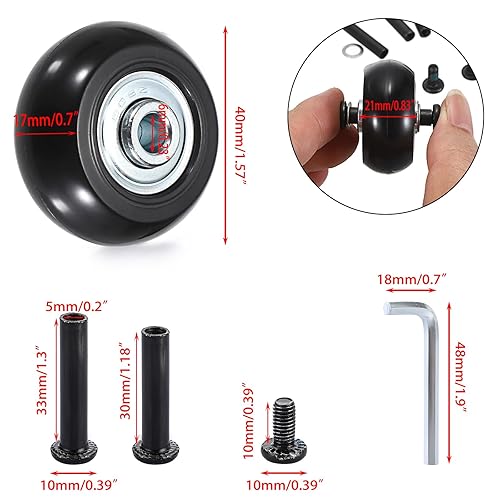 Vista 3 de OwnMy Juego de 4 ruedas de repuesto para maleta silenciosa de 1.575 in x 0.669 in, con rodamientos de ejes de tornillos negros, kit de rueda