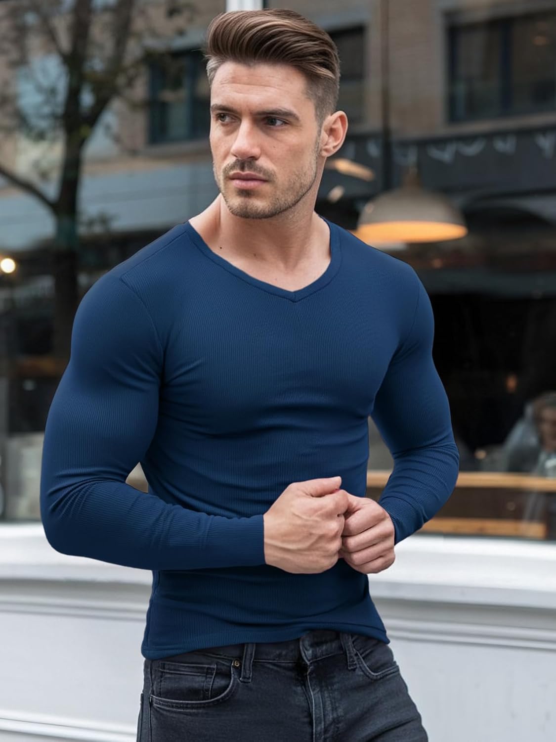 Men's Muscle T-Shirts V Neck Thermal Long Sleeve Tee Casual Ribbed Undershirts - Image 2