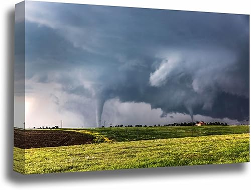 Storm Canvas Wall Art (Ready to Hang) Gallery Wrap of Two Tornadoes on Stormy Spring Day in Kansas Weather Photography Nature Decor (1.5" Depth, 40"