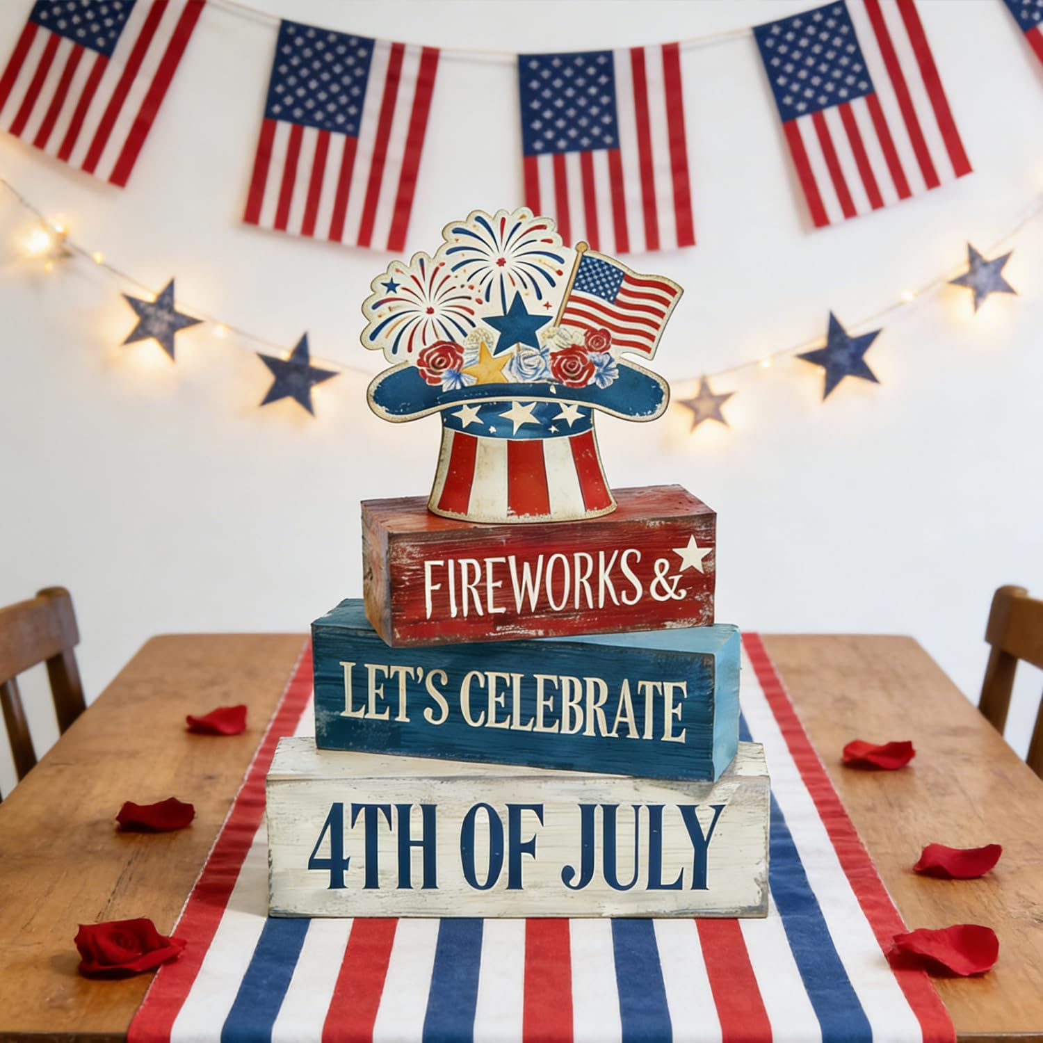 4th of July Table Decorations Patriotic Memorial Day Tiered Tray Decor Wooden Fireworks Hat Block Signs Rustic Farmhouse 250th July Fouth Centerpiece for Tables Wooden Sign for Home Decor
