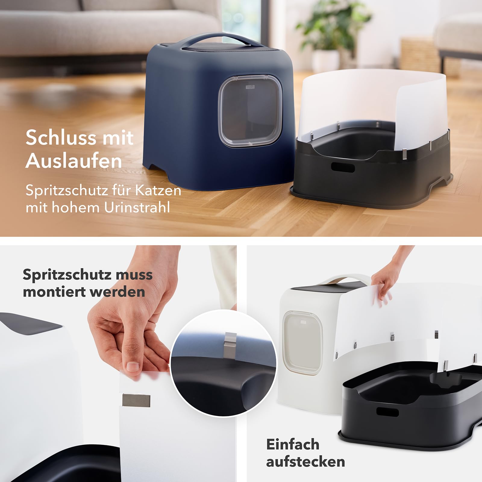 Rotho MyPet Bea Protect Katzenklo mit Deckel und Schaufel mit Filter Grau | Katzentoilette mit Haube, Aktivkohlefilter gegen Gerüche, Türmagnet, Spritzschutz bei hohem Urinstrahl, 4 Ersatzfilter