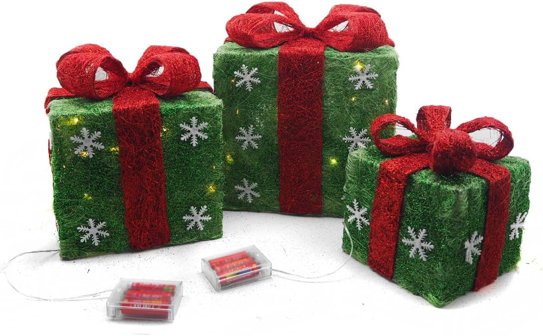 Emlyn Hand-made Sparking LED Christmas Gift Boxes Decoration, Lighted Present Boxes Holiday Christmas Green Sisal Rattan Yard Art Decoration ,Set of 3