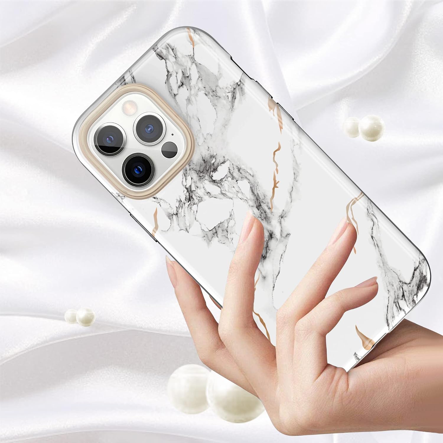 PULEN for iPhone 13 Pro Case with Built-in 9H Tempered Glass Screen Protector,Slim Full-Body Protection Fashionable Exquisite Glossy Soft Cover (White)