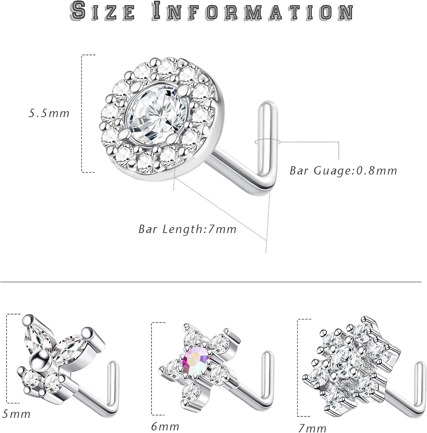 UBGICIG 4 Pcs 20G Nose Rings Studs Surgical Steel CZ Butterfly Nose Piercing Round Nose l Shape Studs for Women Men Sliver Gold Rose Gold