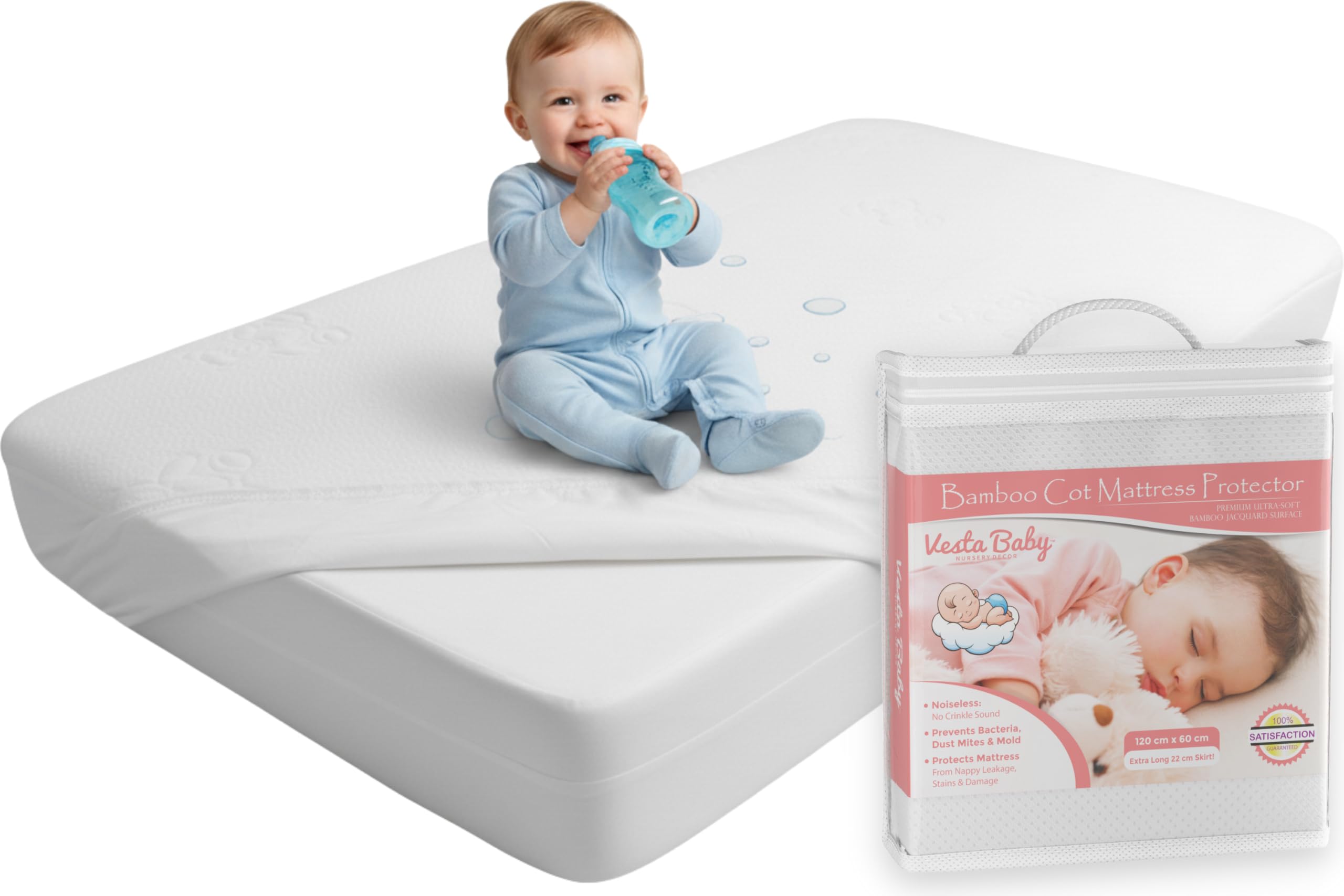 Vesta Baby Premium Cot Mattress Protector Noiseless Waterproof Pad Cover Fitted Sheet Natural Bamboo Silent Topper for Infant and Toddler Cot Bed 60 x 120 cm