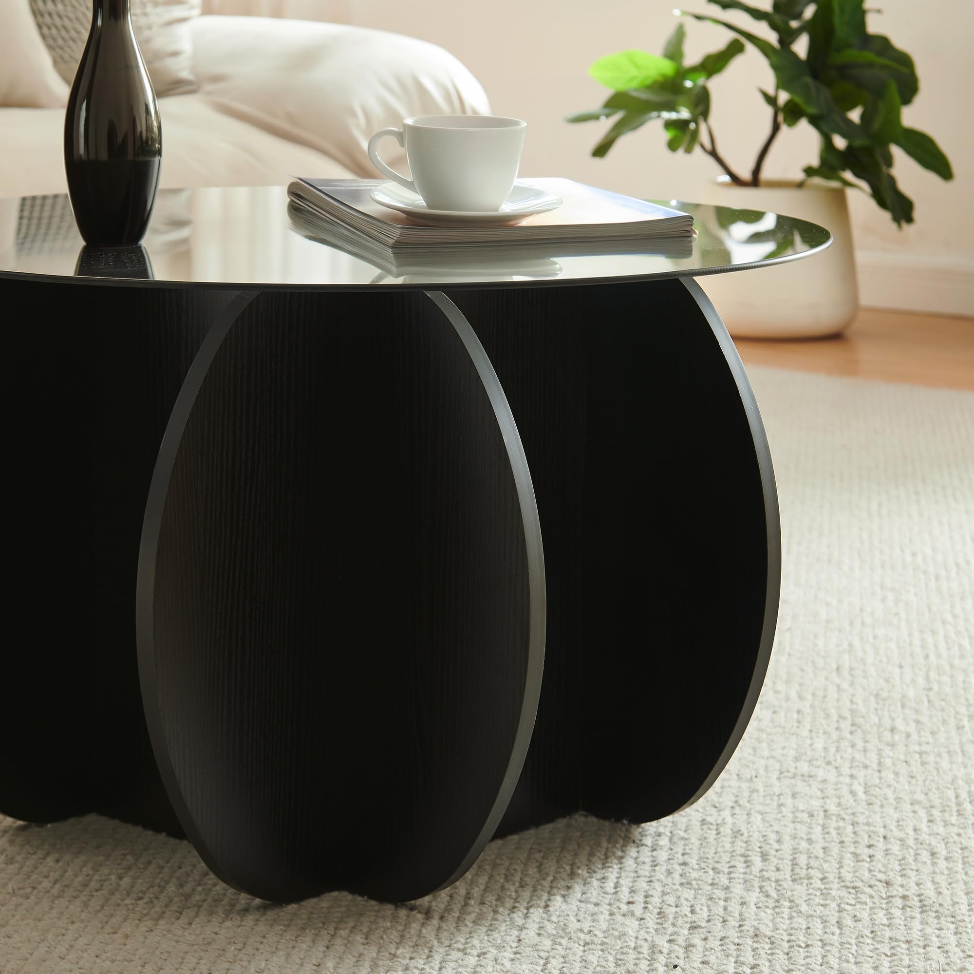 [en.casa] Couchtisch Karhuvandi Beistelltisch Couch Glasplatte rund Ø70 x 40 cm Wohnzimmertisch Sofatisch Gestell mit Holzstruktur Kaffeetisch Rauchglas Schwarz/Grau