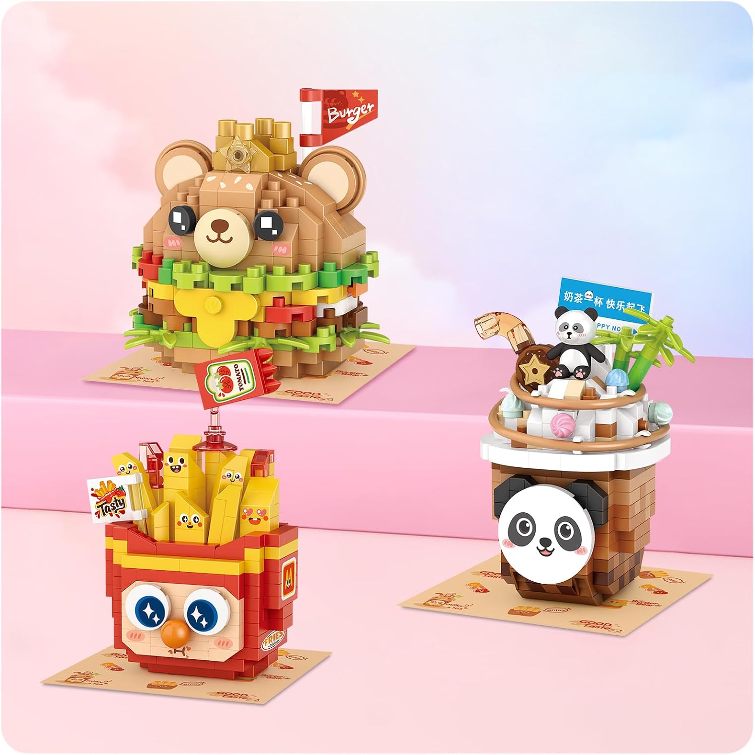 MEIEST 3-Packs Food Building Blocks Model Set,Cute Simulation Dessert Collection Particle Construction Building Bricks Toy,Home Decor (Cute Fast Food)