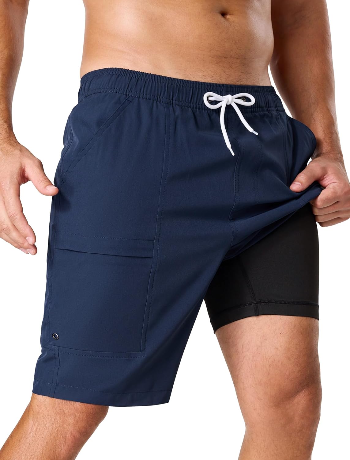 SILKWORLD Mens Swim Trunks with Compression Liner 9'' Quick Dry Bathing Suit Long Swimming Shorts with Zipper Cargo Pockets