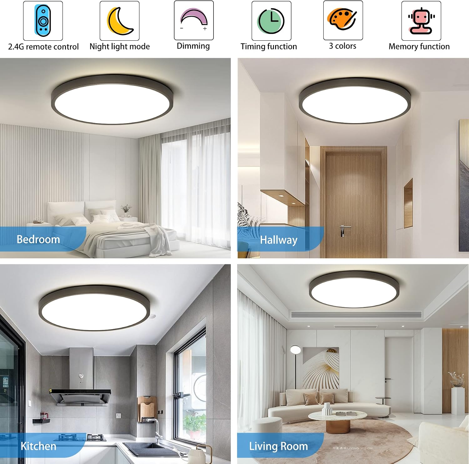 3 Color Dimmable Flush Mount LED Ceiling Light with Remote, 12Inch 24W Black Ceiling Light Fixture for Bedroom Kitchen Hallway, Modern Round light Fixtures for Ceiling, Ceiling Lamp with Night Light