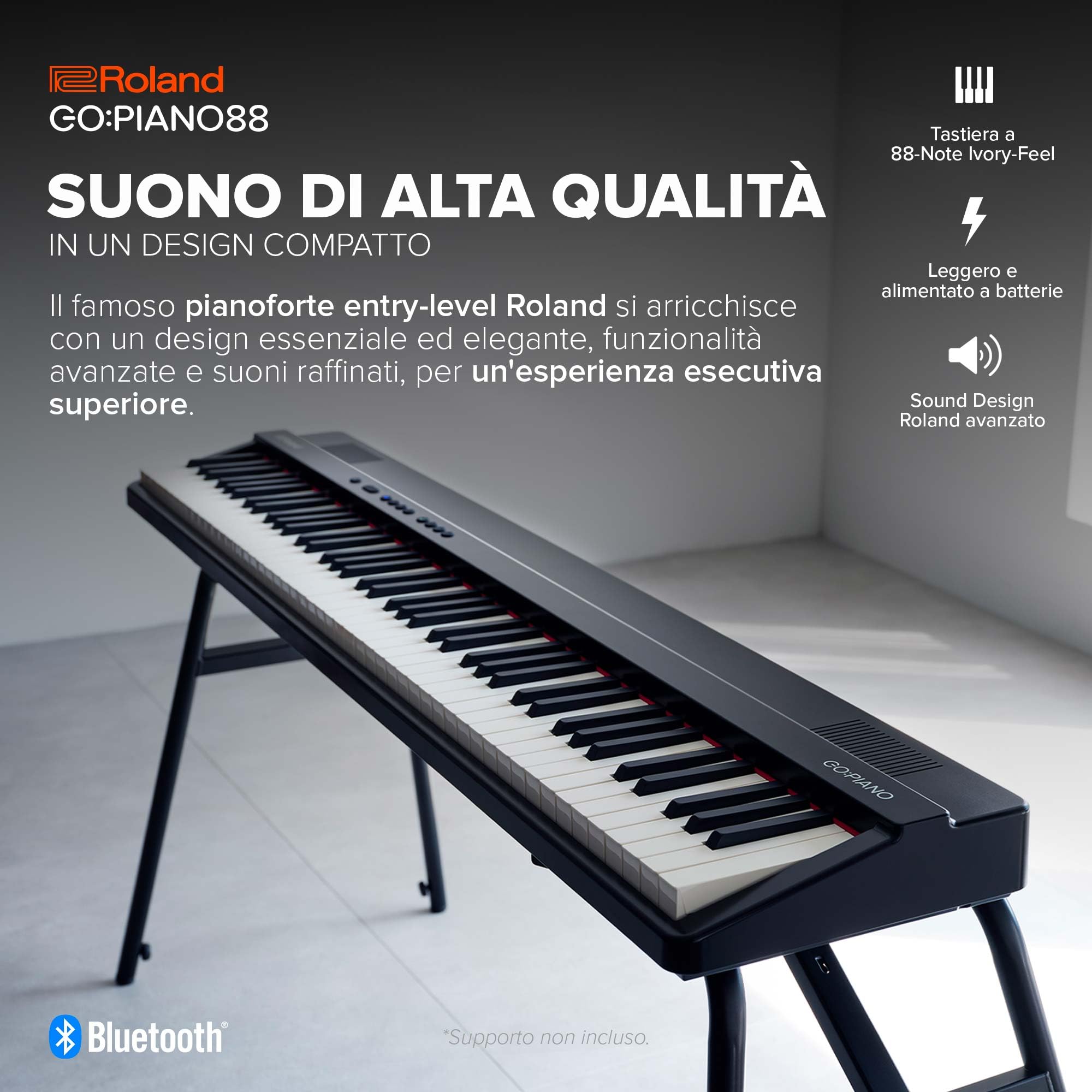 Roland GO:PIANO88 | Piano digitale portatile entry level a 88 tasti | Prestazioni superiori | Design leggero | Potenti funzioni didattiche | Funzionamento a batterie | Connettività Bluetooth e MIDI