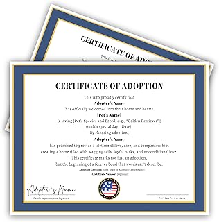 Custom Printed Certificate of Adoption for Pets Personalized Dog or Cat Adoption Certificate Keepsake for New Pet Owners