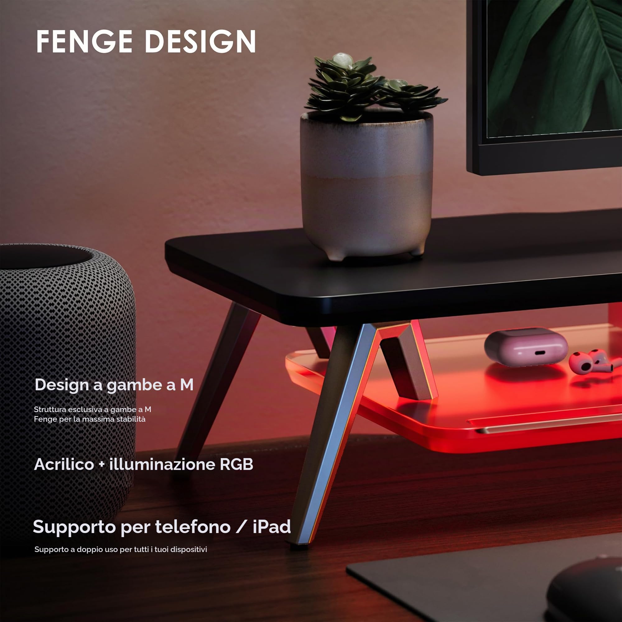 Fenge Supporto Monitor Scrivania, con Luci LED, Ripiano in Acrilico, 2 Livelli, Supporto per Telefono/Tablet/Penne, Carico 45KG (Nero)
