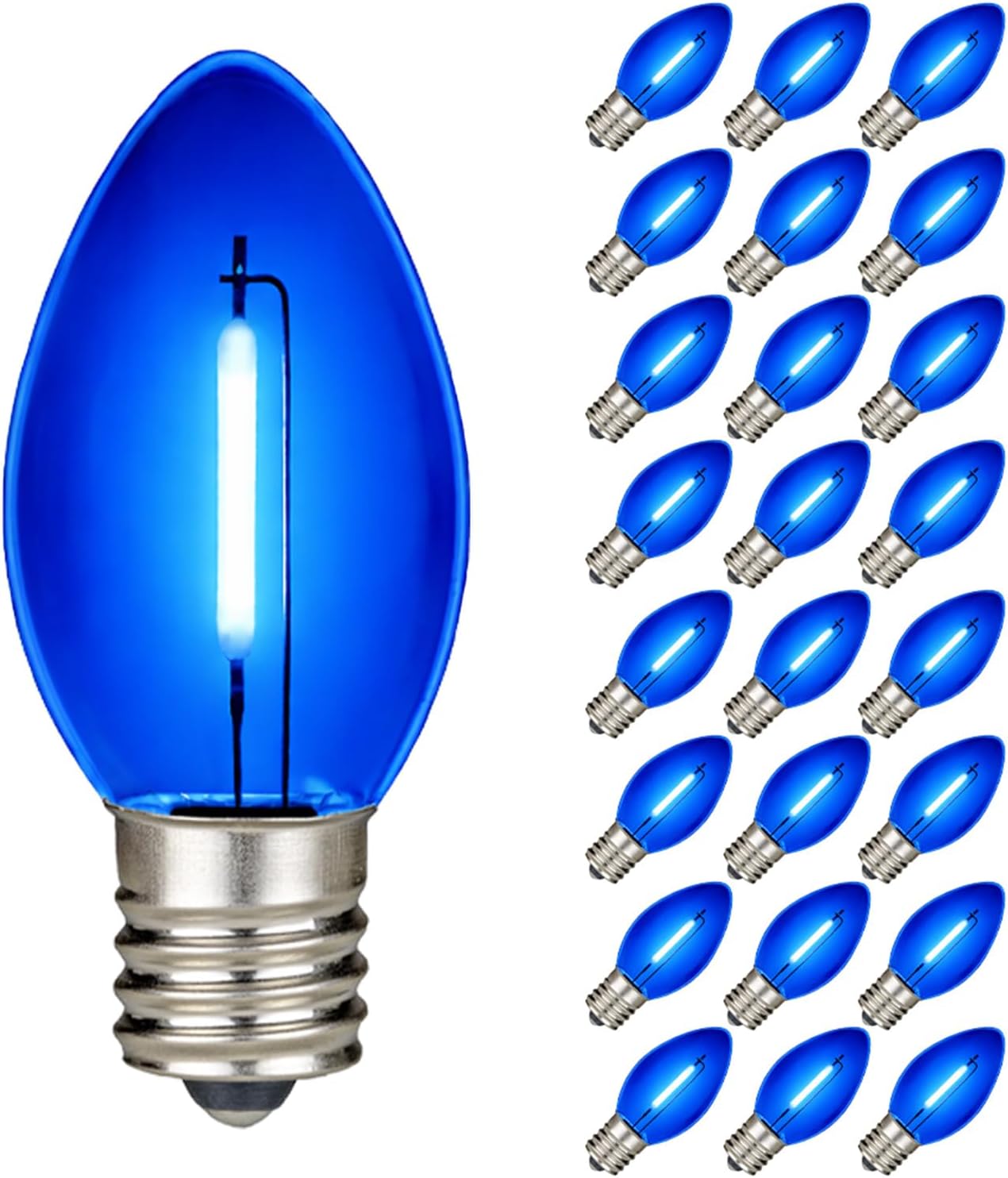 Novelty Lights 25 Pack C9 LED Filament Bulbs, Blue Shatterproof Plastic Replacement Christmas Lights, E17 Base for Indoor/Outdoor Strings, Dimmable, 0.6W 10,000 Hour Life