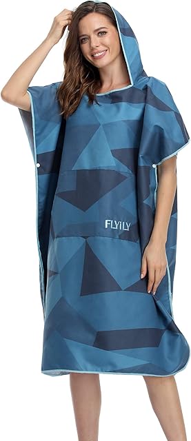 FLYILY Changing Towel Poncho Hooded light weight Microfiber surf wetsuit changing with pocket, Adults/Kids beach swimming changing towel (NavyGeometry, Large(Fit for Adult))