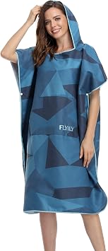 Changing Towel Poncho Hooded light weight Microfiber surf wetsuit changing with pocket, Adults/Kids beach swimming changing towel NavyGeometry, LargeFit for Adult