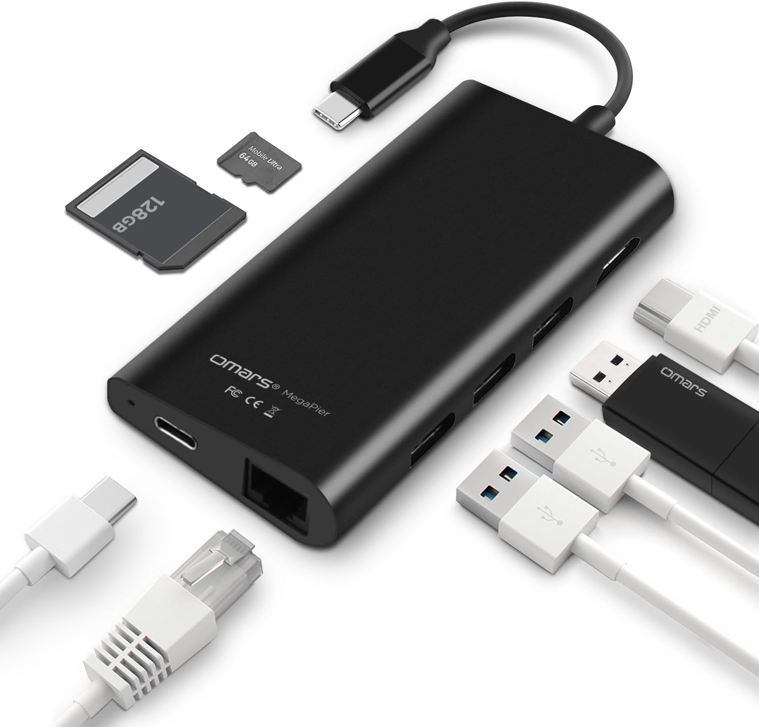 USB C Hub (8 in 1) OMARS® HDMI 4K, RJ45 Ethernet Port, Micro SD & SD Card Reader, 3* USB 3.0, Type C Adapter with Power Delivery for Huawei Matebook, MacBook Pro 2017/2016, Google ChromeBook Pixel