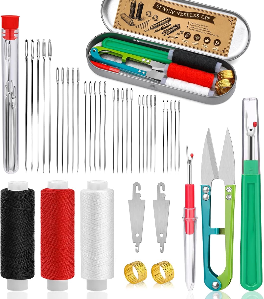 42 PCS Big Eye Steel Sewing Needles Kit Steel Needles for Hand Sewing | 6 Size Needle and Thread Sewing Kit with Seam Ripper Threader Storage Box Supplies for Repairing Quilting Embroidery Crafts