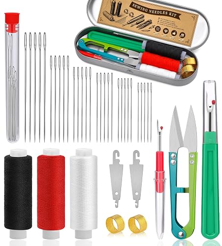 42 PCS Big Eye Steel Sewing Needles Kit Steel Needles for Hand Sewing | 6 Size Needle and Thread Sewing Kit with Seam Ripper Threader Storage Box Supplies for Repairing Quilting Embroidery Crafts