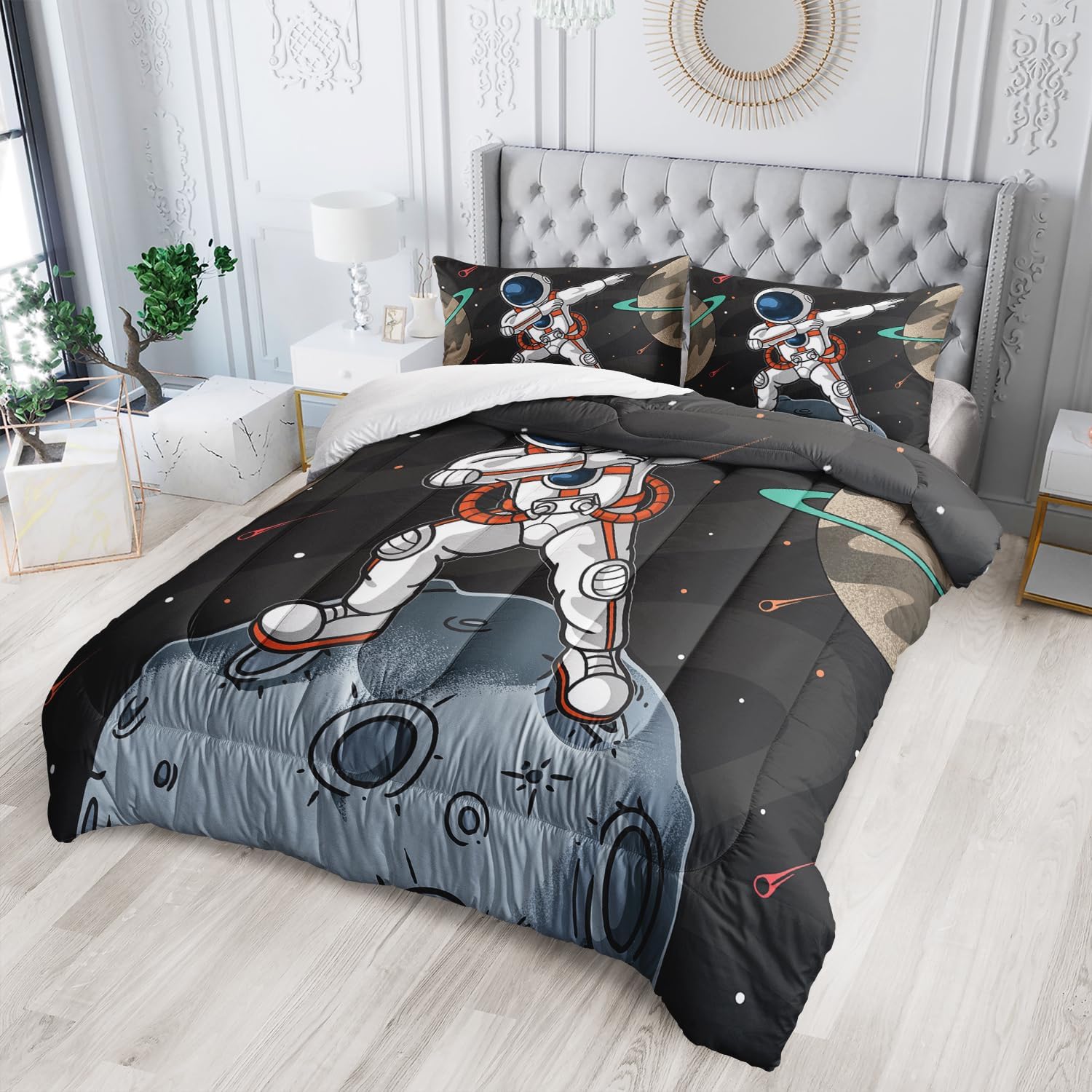 AILONEN Astronaut Boys Comforter Set Queen Size,Galaxy Planet Funny Astronaut Kids Bedding Set for Room Decor,3 Pieces Outer Space Bed in a Bag Queen Soft Comforter with 2 Pillowcases