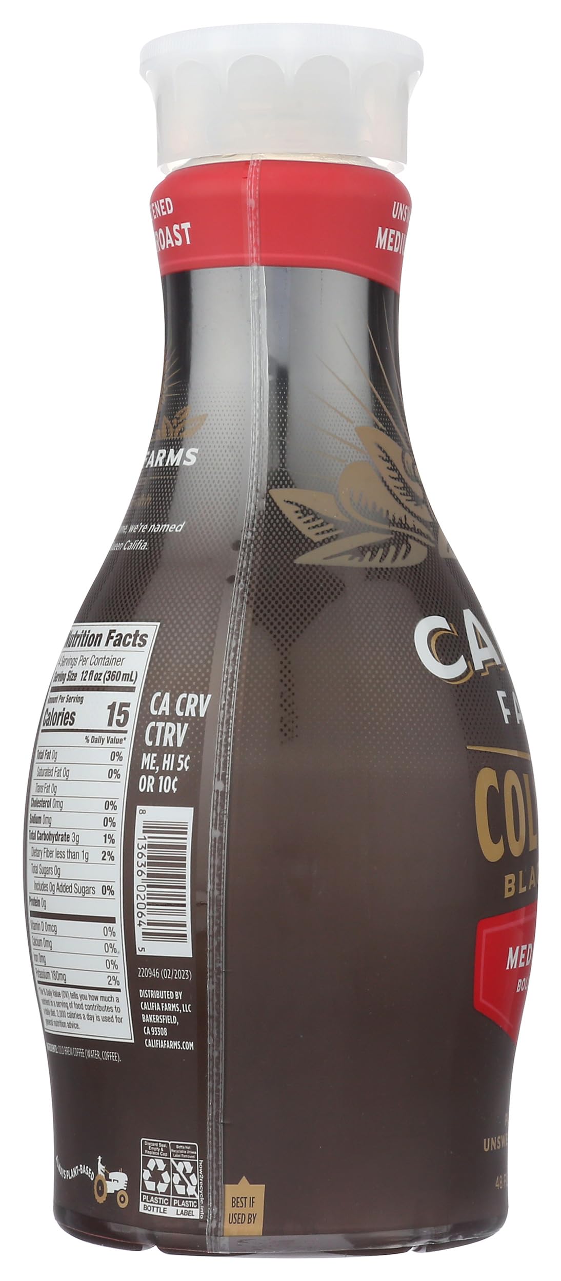 Califia Farms - Pure Black Medium Roast Cold Brew Coffee, 48 Oz, 100% Arabica, Plant Based, Vegan, Gluten Free, Non GMO, Sugar Free, Iced Coffee