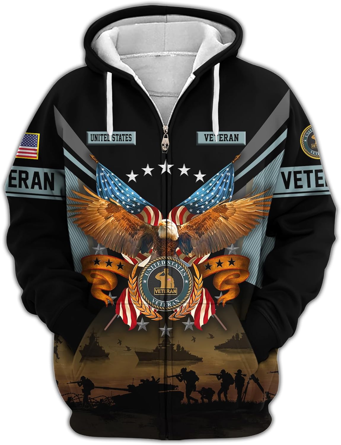 Patriotic United States Veteran Zip Hoodie, Featuring American Flag and Eagle, Ideal Gift for Veterans
