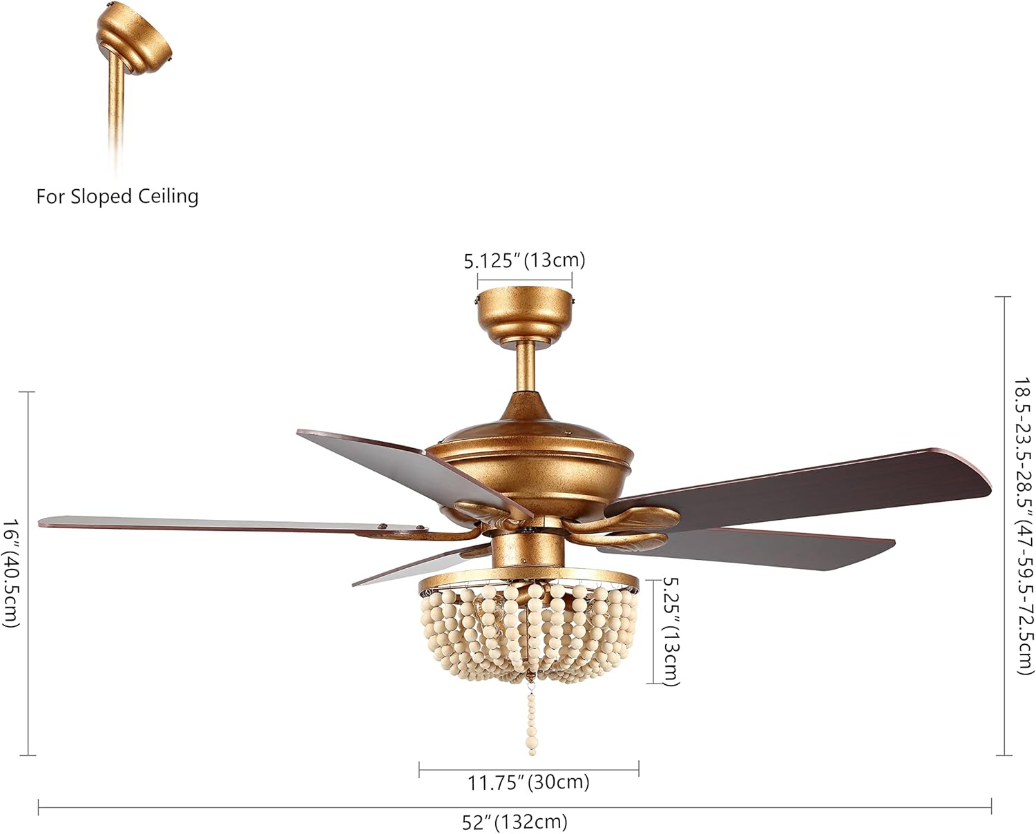 JONATHAN Y 52" Antique Gold 3-Light LED Ceiling Fan with Remote and App Control, Bohemian Farmhouse Chandelier, Light Brown Wood Bead Shade, Reversible Wood Blades JYL9618A