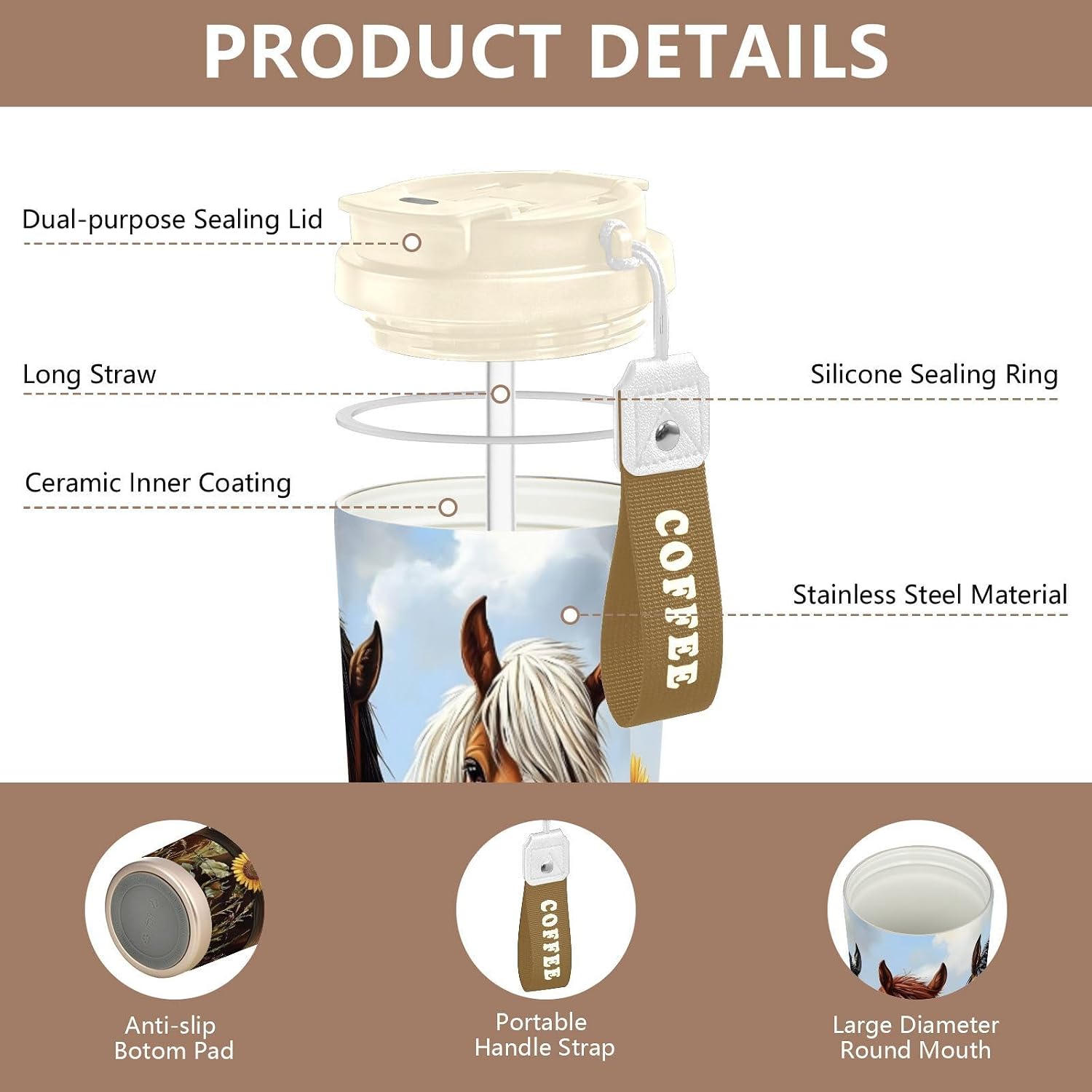 Horse Fence Funny Insulated Coffee Mug with Straw & Flip Lid, 16.9oz Iced Tumbler Cup, Double Wall Vacuum Leak-Proof Mug for Travel Office