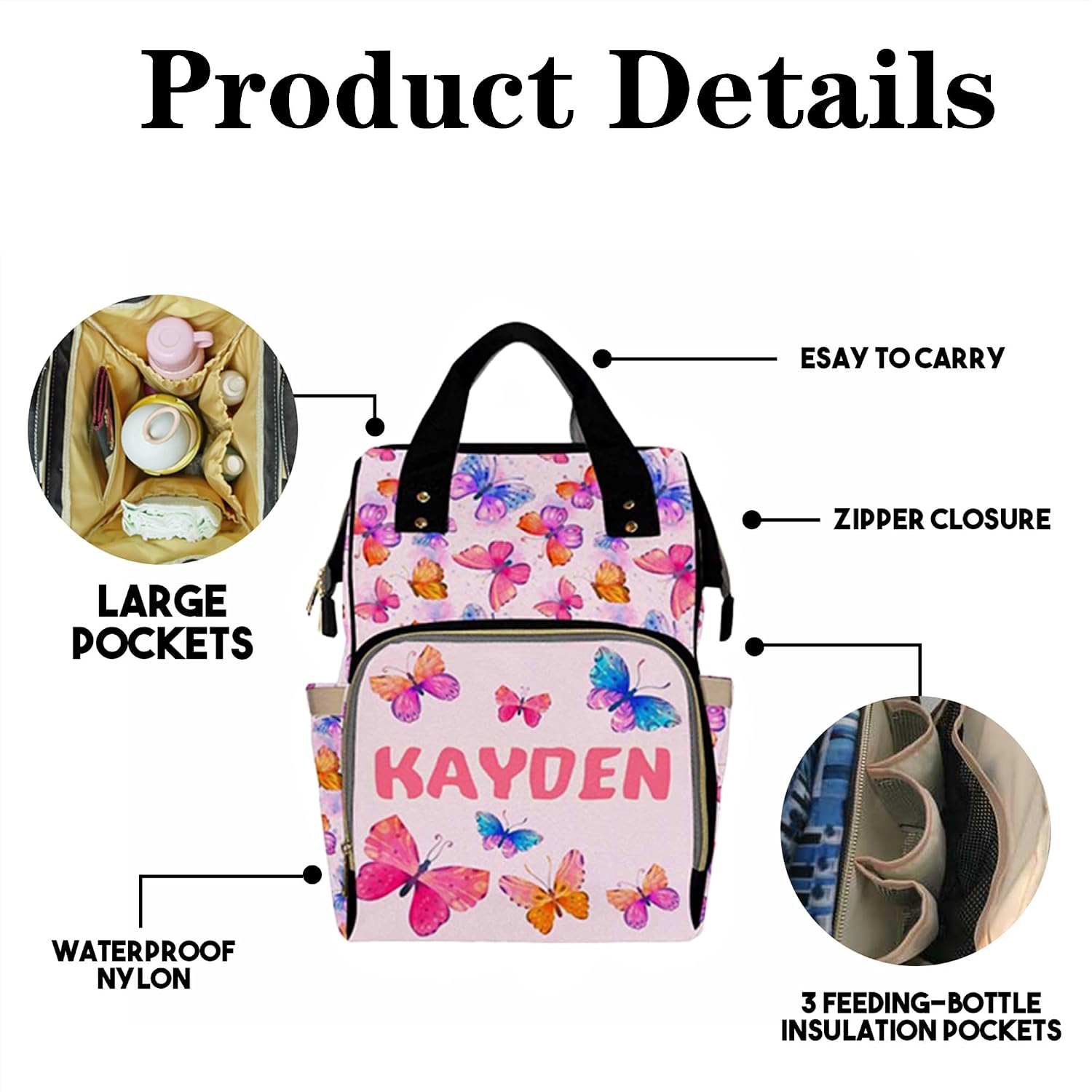 Personalized Diaper Bag Backpack with Name for Baby Girls, Custom Name Baby Bag Nursing Nappy Bag Travel Tote Bag Handbag Shoulder Bag Gifts for Mom Girl, Customized Kids Schoolbag, Baby Shower Gifts