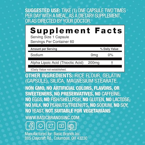 Miniatura 5 de Basic Brands Ácido alfa lipoico nervioso, 200 mg, función neuronal (paquete de 1)