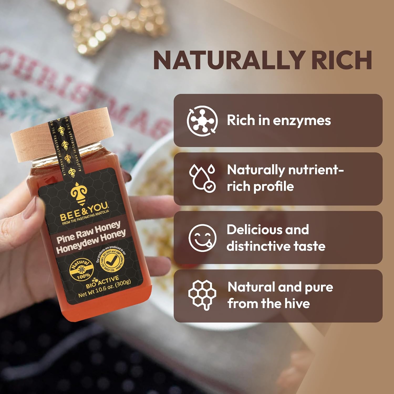 BEE and YOU Pine Raw Honey, Honeydew Honey, Wild-crafted, 100% Natural, Unprocessed, Enzymes, Antioxidants, Manuka Honey Alternative, Paleo, Gluten-Free (10.6 oz)
