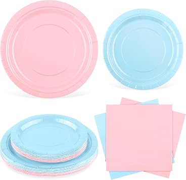 Ruisita 48 Pieces Baby Gender Reveal Party Supplies Light Pink and Light Blue Tableware Including 7 Inch and 9 Inch Paper Dinner Plates 2 Ply Napkins for Wedding, Birthday, Baby Shower Serves 16