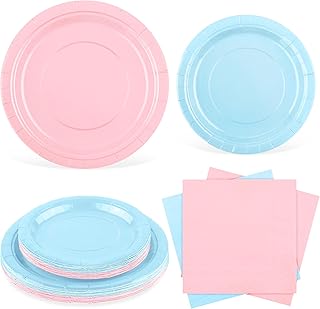 Ruisita 48 Pieces Baby Gender Reveal Party Supplies Light Pink and Light Blue Tableware Including 7 Inch and 9 Inch Paper Dinner Plates 2 Ply Napkins for Wedding, Birthday, Baby Shower (Serves 16)