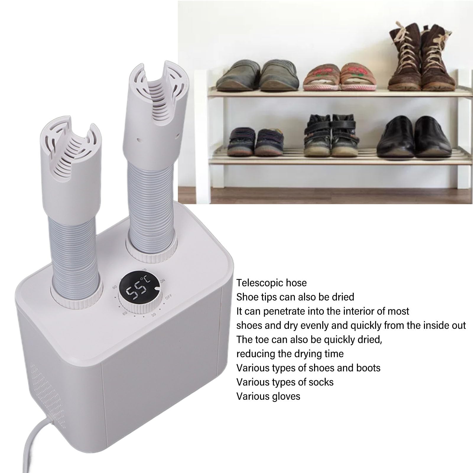 Bewinner Asciugascarpe Espandibile, Deodorante per Stivali, Timer e Temperatura Intelligenti, Ultra Silenzioso, per Scarpe, Stivali, (Spina UE)