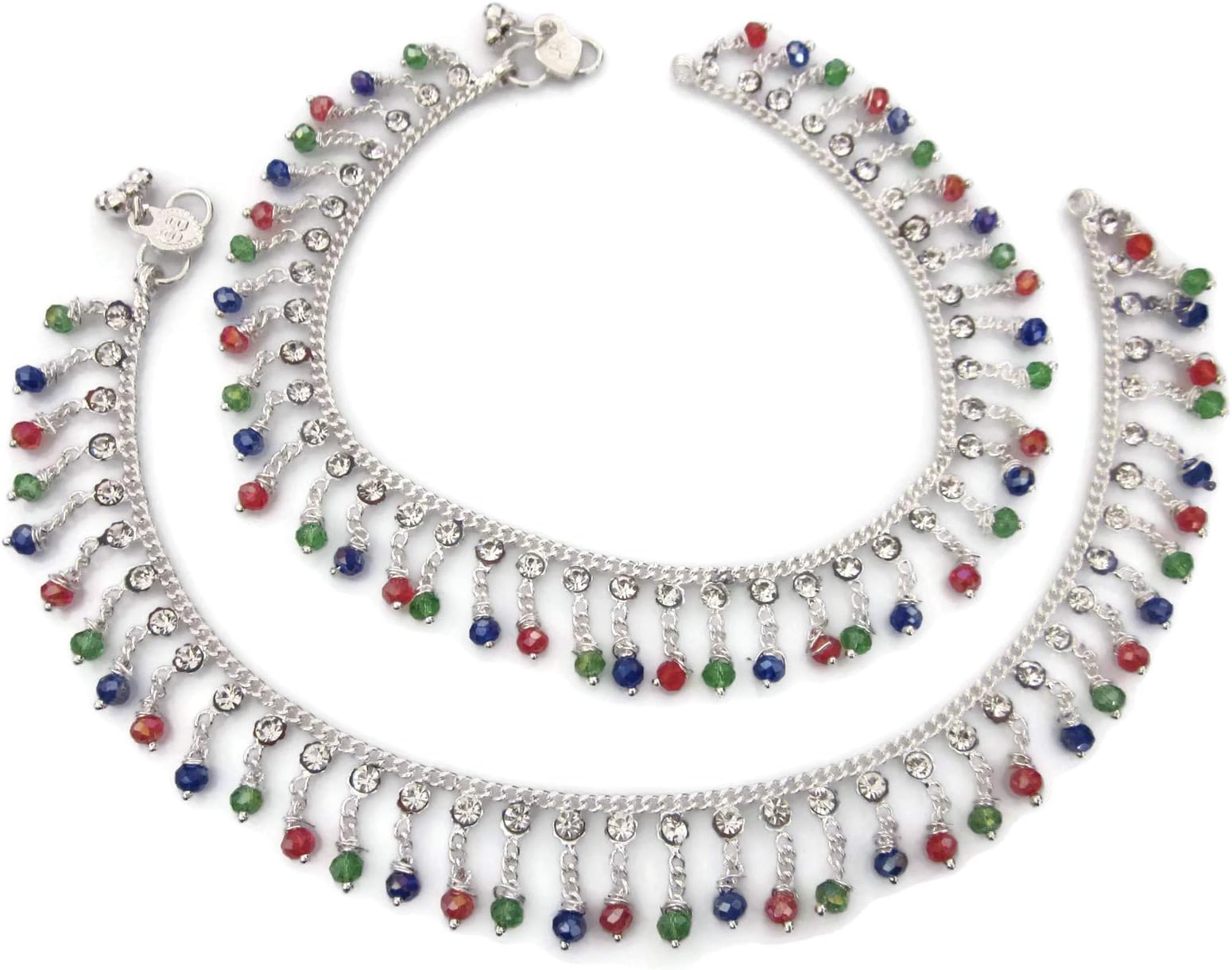 Anklet Pair | Diamante Multi Color Glass Crystals Tassel Charms | Metal Chain Plated Silver | Indian Payal Gypsy Hippie Boho Style Novelty Fashion Jewelry for Women