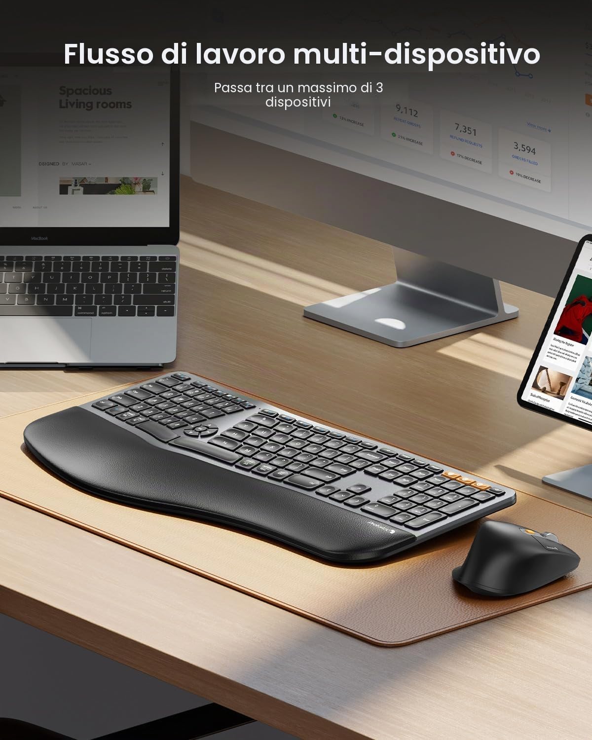 ProtoArc EKM01 Plus Tastiera Ergonomica Mouse Wireless Bluetooth Ergo Keyboard Mouse Combo, Imbottito Palm Rest, Split Design, Ricaricabile, Compatibile per Windows, Mac OS, Grigio e Nero