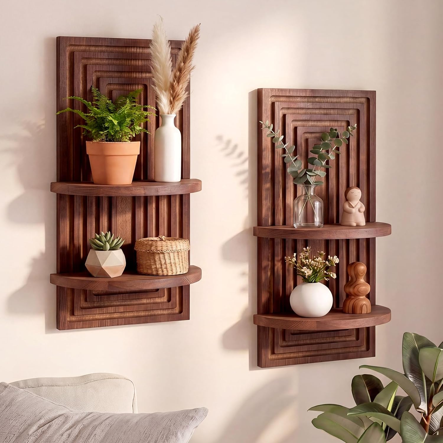 Yookeer 2 Piece Boho Floating Shelves for Wall 2 Tier Plant Shelves Set 14.8" x 7.5" x 4" Solid Wood Shelf Walnut Vintage Wall Art Holding Planter Ornaments for Living Room Bedroom House Office Decor