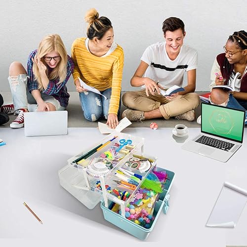 Miniatura 5 de WEWLINE Caja de almacenamiento de plástico de 3 capas para manualidades domésticas, organizador con asa, contenedor de almacenamiento portátil