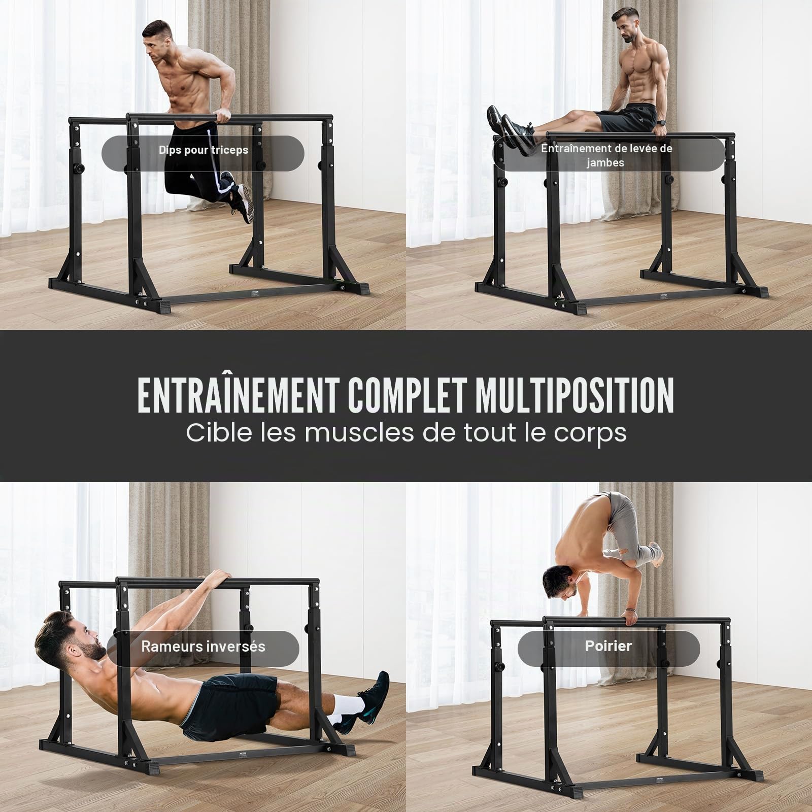 VEVOR Barre Dips, Capacité de 363 kg, Station de Dips Très Résistante avec Hauteur Réglable, Station de Barre d'Entraînement de Fitness, Barres Parallèles pour l'Entraînement de Force à la Maison