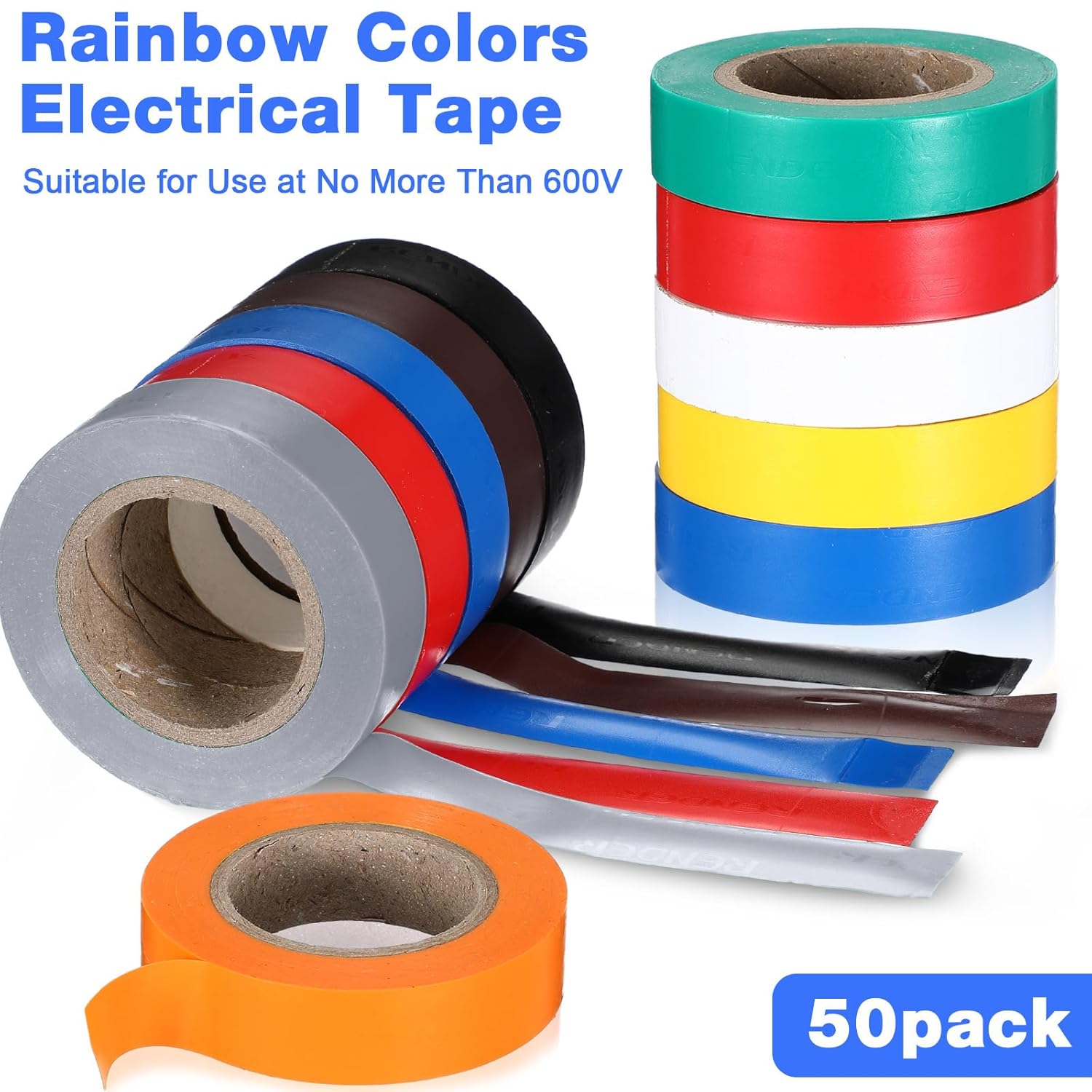 Frienda 50 Pack Colored Electrical Tape 3/4 Inch 65 ft Rainbow Colors Electrical Tape Waterproof PVC Insulation Supplies for Home Outdoor Insulating Wire Wrapping Use at No More Than 600v(Rainbow)