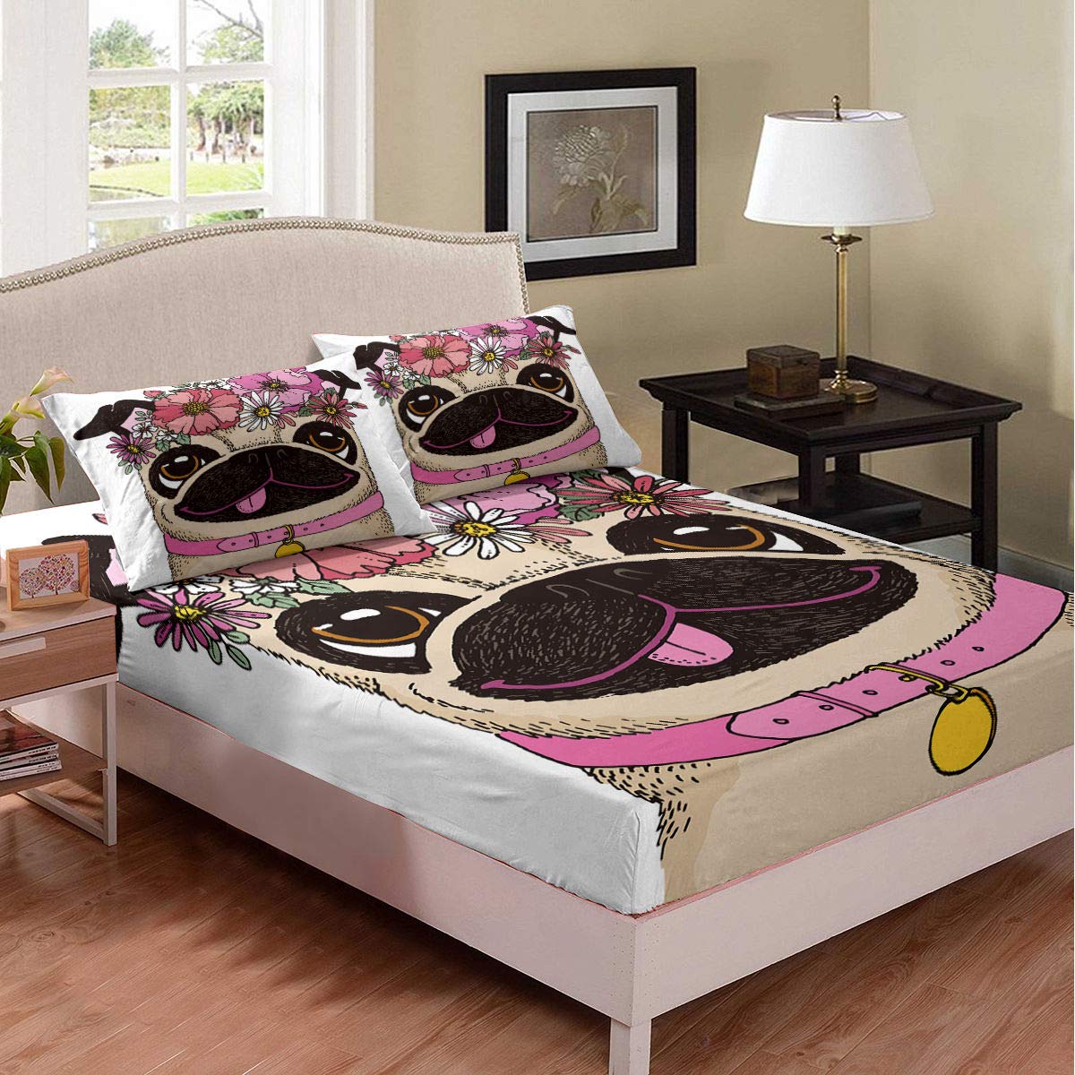 Erosebridal Children Dog Bottom Sheet Funny Pug Pattern Fitted Sheet Cute Puppy with Flower Bedding Set for Kids Girls Boys Floral Pattern Sheet Set Soft Microfiber Bed Decorative Full Size